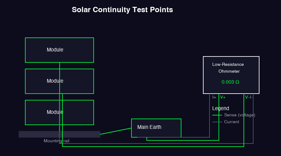 Solar continuity test points on a PV array showing module frame, mounting rail, main earth terminal, and four-wire low-resistance ohmmeter leads