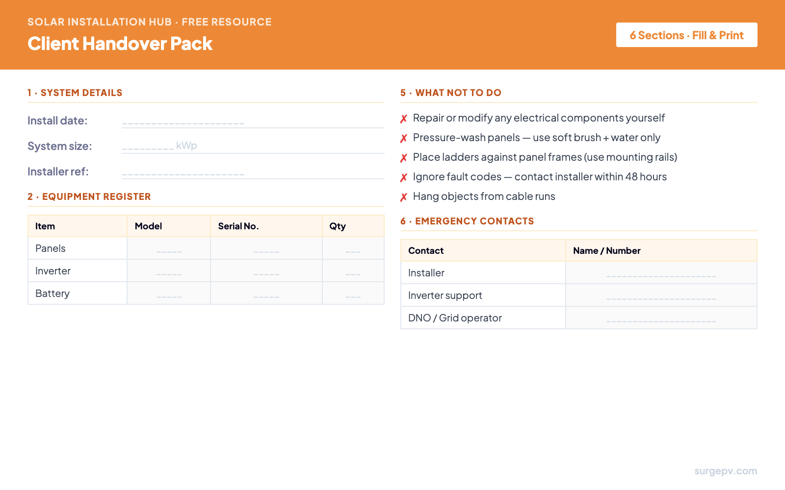 Client Handover Pack template - equipment register, warranties, monitoring setup, emergency contacts